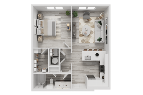 Floor plan for 1 bed, 1 bath, 736 sqft